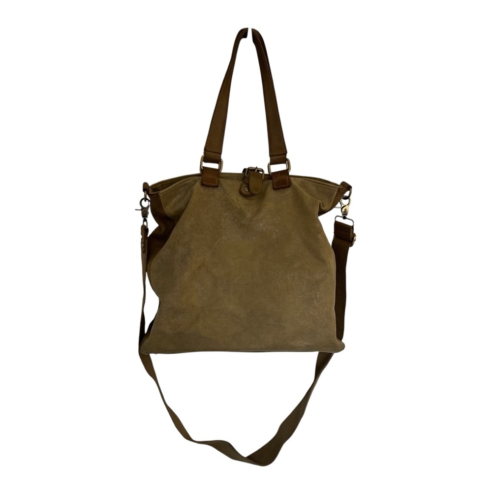 Anthropologie Jesslyn Blake Foundry Bag Taupe Gold Leather Silver Canvas